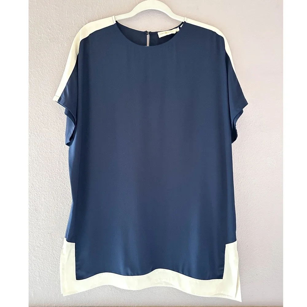Tory Burch Navy Blue Silk Colorblock Short Sleeve Tunic‎ Top Size Small